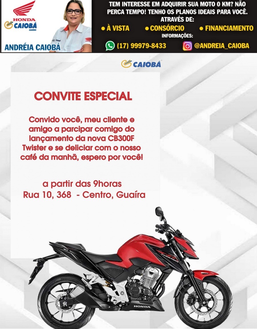 HOJE TEM CAFÉ DE MANHÃ DE LANÇAMENTO DA NOVA CB300F TWISTER NA CAIOBÁ GUAÍRA. POTÊNCIA, DESIGN E DESEMPENHO. VENHA CONHECER ESSA MÁQUINA!!!