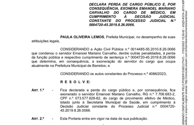 PREFEITURA CUMPRE DECISÃO JUDICIAL E EXONERA O EX-PREFEITO EMANOEL CARVALHO