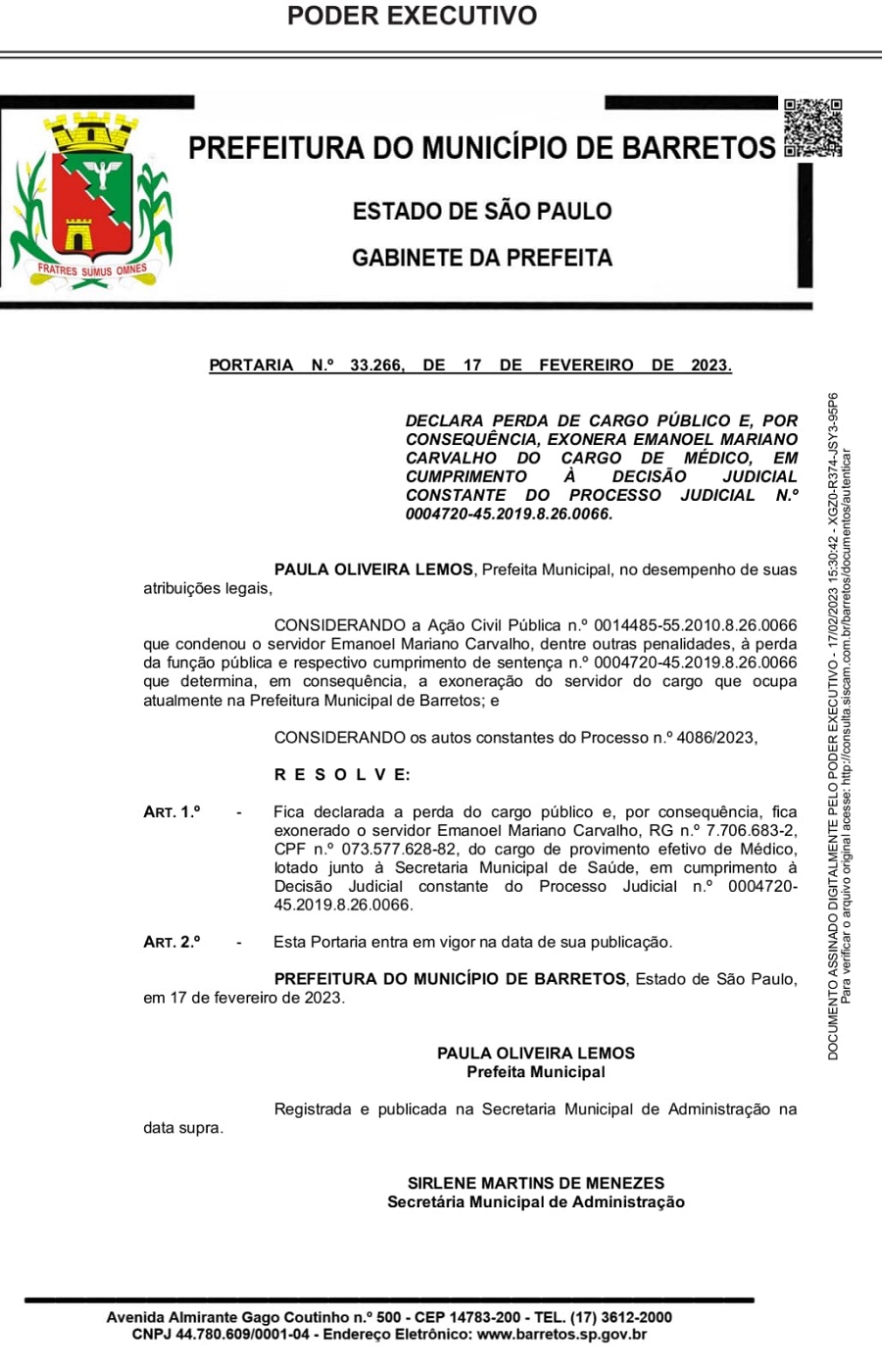 PREFEITURA CUMPRE DECISÃO JUDICIAL E EXONERA O EX-PREFEITO EMANOEL CARVALHO