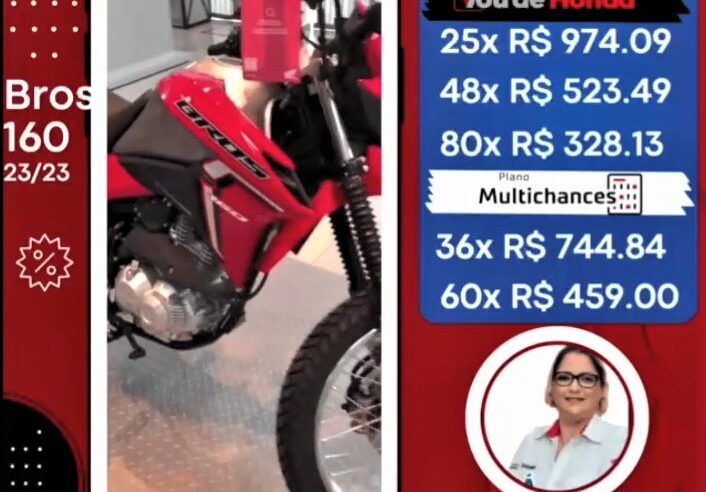 SUA BROS 160 CC, O KM, ESTÁ NA CAIOBÁ GUAÍRA. PARCELAS A PARTIR DE R$ 328,13, PELO CONSÓRCIO HONDA. SÃO MULTIPLAS CHANCES PARA VOCÊ SER CONTEMPLADO. VENHA PARA A CAIOBÁ GUAÍRA E FALE COM A ANDRÉIA. REALIZE SEUS SONHOS!!!!