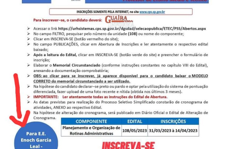 ATENÇÃO: TERMINAM HOJE AS INSCRIÇÕES PARA PROCESSO SELETIVO PARA CONTRATAÇÃO DE PROFESSORES DA ETEC, COM VAGAS PARA GUAÍRA