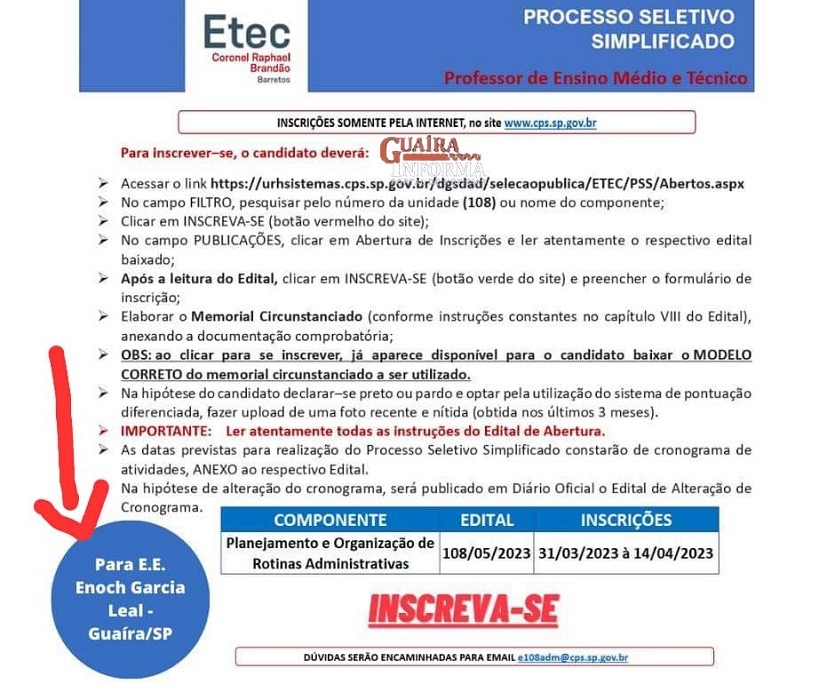 ATENÇÃO: TERMINAM HOJE AS INSCRIÇÕES PARA PROCESSO SELETIVO PARA CONTRATAÇÃO DE PROFESSORES DA ETEC, COM VAGAS PARA GUAÍRA