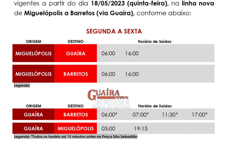 CONFIRA HORÁRIOS DOS ÔNIBUS DA SÃO BENTO PARA GUAÍRA, BARRETOS E MIGUELÓPOLIS, INCLUSIVE AOS FINAIS DE SEMANA