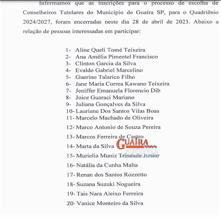 SAIBA QUEM SÃO OS 20 PRÉ CANDIDATOS AO CARGO DE CONSELHEIRO TUTELAR DE GUAÍRA