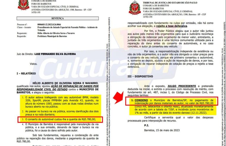 BURACO NO ASFALTO: JUSTIÇA CONDENA PREFEITURA DE BARRETOS A INDENIZAR EM R$ 5.780,00 POR PNEUS E RODA DE BMW DANIFICADOS EM BURACO NA AVENIDA 43