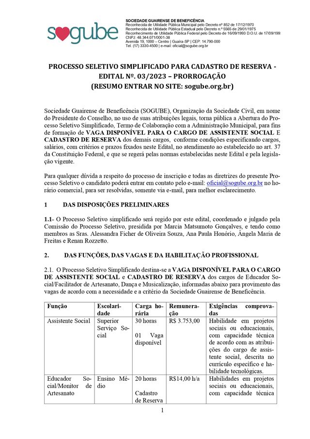 PRORROGADO PRAZO PARA INSCRIÇÕES PARA PROCESSO SELETIVO DA SOGUBE DE GUAÍRA