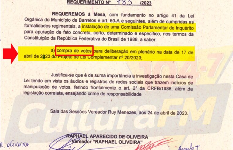 VEREADOR RAPHAEL OLIVEIRA PROPÕE CPI PARA INVESTIGAR DENUNCIA DE VENDA DE VOTOS NA CÂMARA DE BARRETOS