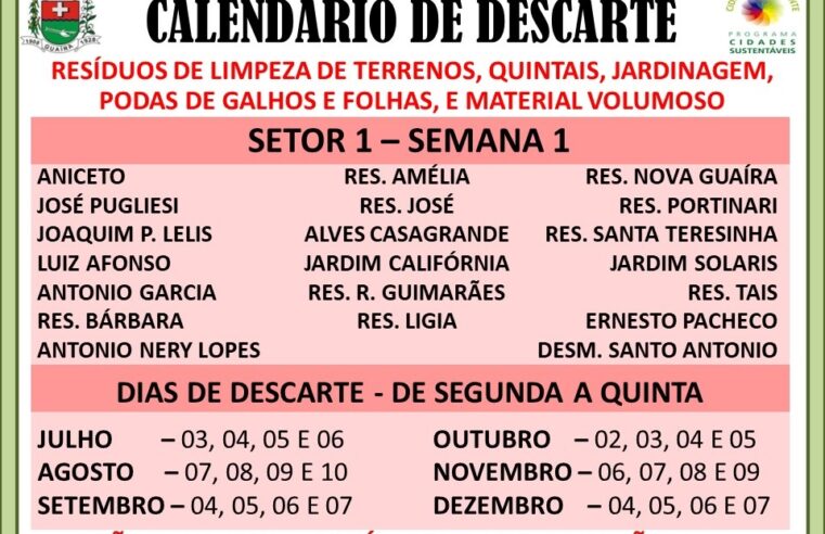 PREFEITURA DE GUAÍRA DIVULGA CALENDÁRIO DO SEGUNDO SEMESTRE PARA DESCARTE DE DETRITOS NAS VIAS PÚBLICAS DA CIDADE