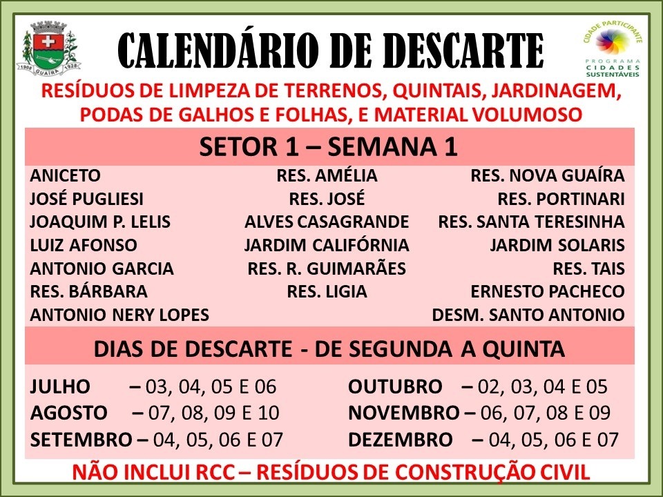 PREFEITURA DE GUAÍRA DIVULGA CALENDÁRIO DO SEGUNDO SEMESTRE PARA DESCARTE DE DETRITOS NAS VIAS PÚBLICAS DA CIDADE