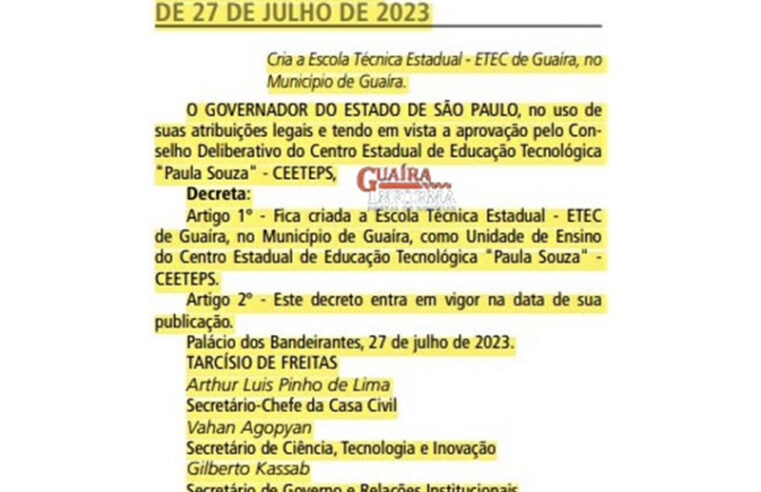 EXCLUSIVO: EXCELENTE NOTÍCIA: GOVERNO DE SÃO PAULO CRIA A ETEC DE GUAÍRA