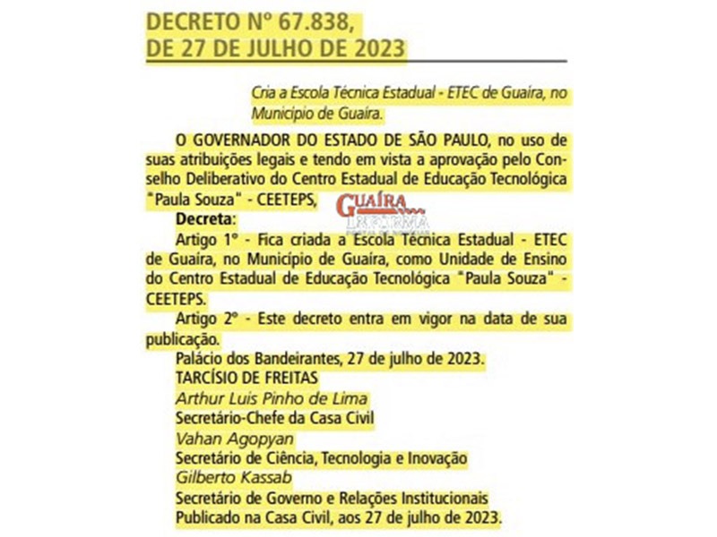 EXCLUSIVO: EXCELENTE NOTÍCIA: GOVERNO DE SÃO PAULO CRIA A ETEC DE GUAÍRA