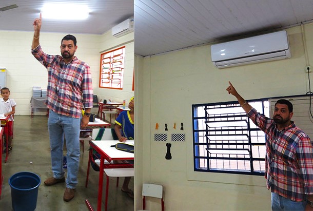 VEREADOR ANDRÉ GREGÓRIO CONSTATA GOTEIRAS EM SALAS DE AULA DA ESCOLA PADRE MÁRIO LANO RECÉM REFORMADA PELA ADMINISTRAÇÃO GUAIRENSE