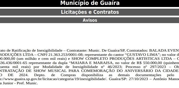 GASTOS COM SHOWS PARA A FESTA DO PEÃO DE GUAÍRA EM 2024, PELA PREFEITURA, CHEGAM A QUASE R$ 2 MILHÕES