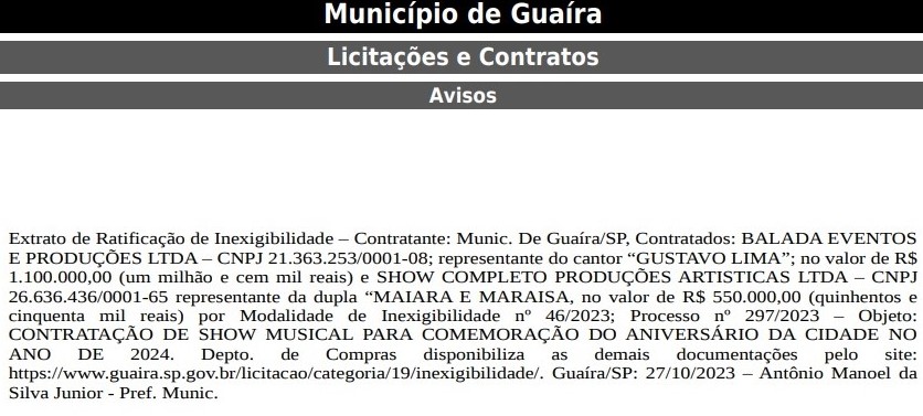 GASTOS COM SHOWS PARA A FESTA DO PEÃO DE GUAÍRA EM 2024, PELA PREFEITURA, CHEGAM A QUASE R$ 2 MILHÕES