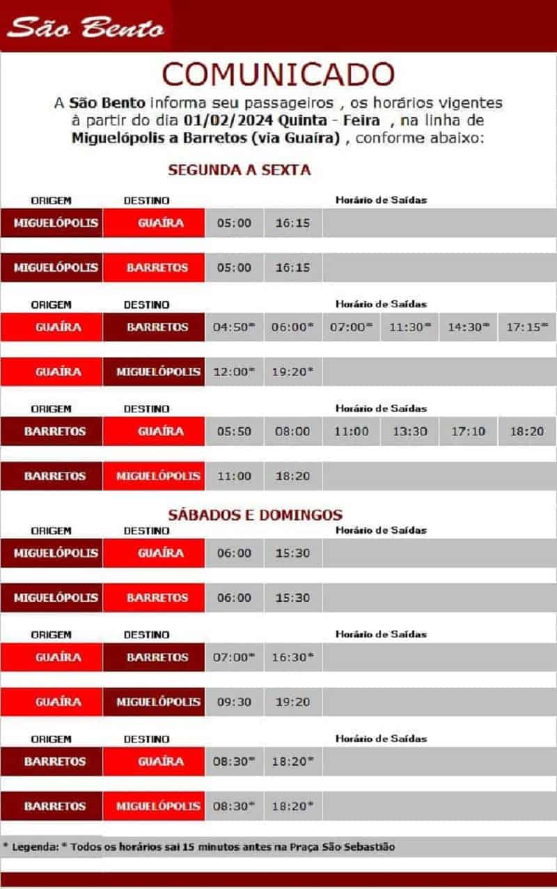 ATENÇÃO: VIAÇÃO SÃO BENTO DIVULGA NOVOS HORÁRIOS DE ÔNIBUS ENTRE GUAÍRA, BARRETOS E MIGUELÓPOLIS PARA À PARTIR DE 1º DE FEVEREIRO