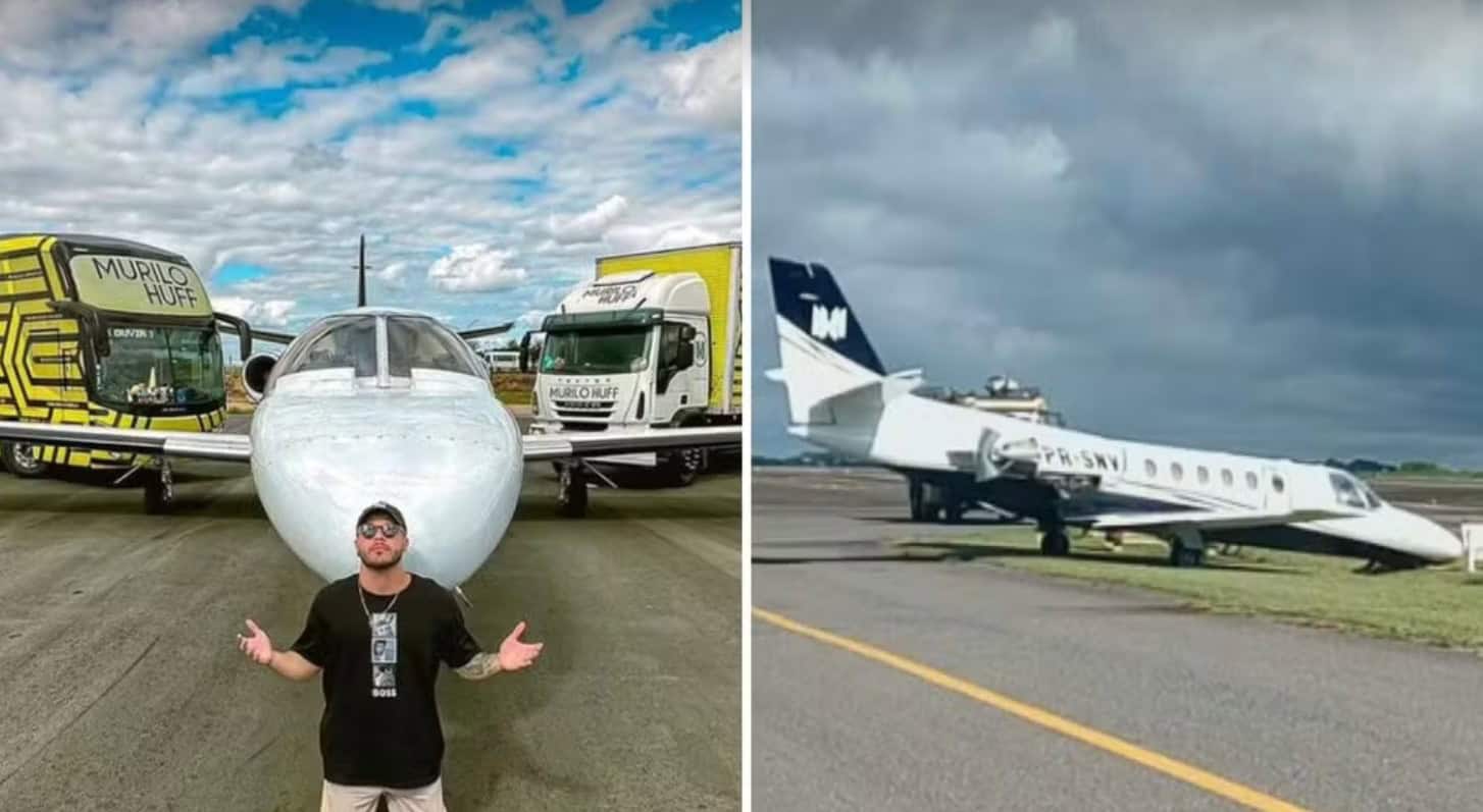 AVIÃO DO CANTOR MURILO HUFF CAI EM VALA NO AEROPORTO DE GOIÂNIA