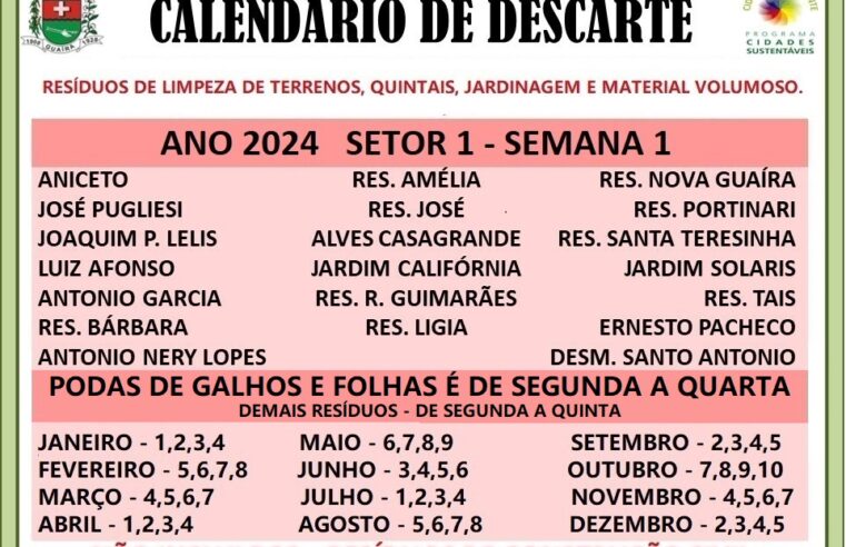 CONFIRA O CALENDÁRIO PARA O DESCARTE DE DETRITOS DE JARDINAGEM E DE TERRENOS, EM GUAÍRA, DURANTE O MÊS DE MARÇO