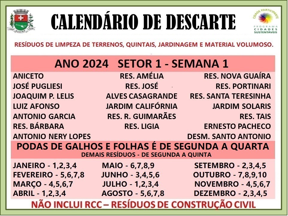 CONFIRA O CALENDÁRIO PARA O DESCARTE DE DETRITOS DE JARDINAGEM E DE TERRENOS, EM GUAÍRA, DURANTE O MÊS DE MARÇO