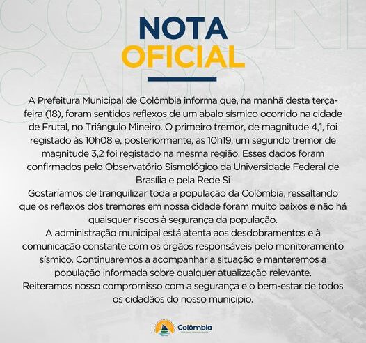 TREMORES DE TERRA NESTA TERÇA-FEIRA EM FRUTAL (MG) ASSUSTAM MORADORES DA REGIÃO. PREFEITURA DE COLÔMBIA (SP) EMITE NOTA SOBRE O ASSUNTO