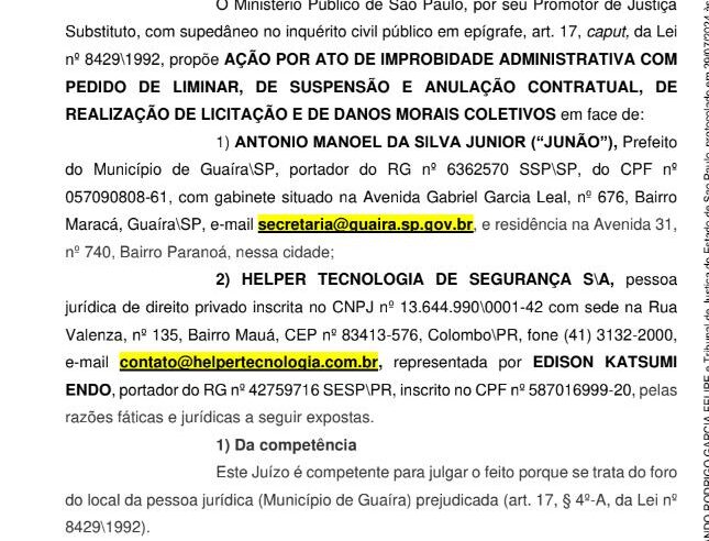 MINISTÉRIO PÚBLICO PEDE CONDENAÇÃO DO PREFEITO JUNÃO POR CONTRATO DOS TÓTENS DE SEGURANÇA. EMPRESA E CHEFE DO EXECUTIVO PODEM TER QUE INDENIZAR MUNICÍPIO EM QUASE R$ 7 MILHÕES