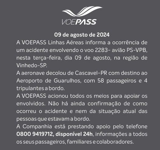 LINHAS AÉREAS VOEPASS SE PRONUNCIA SOBRE TRAGÉDIA ENVOLVENDO QUEDA DE AVIÃO EM VINHEDO-SP. HAVIAM 62 PESSOAS A BORDO DA AERONAVE