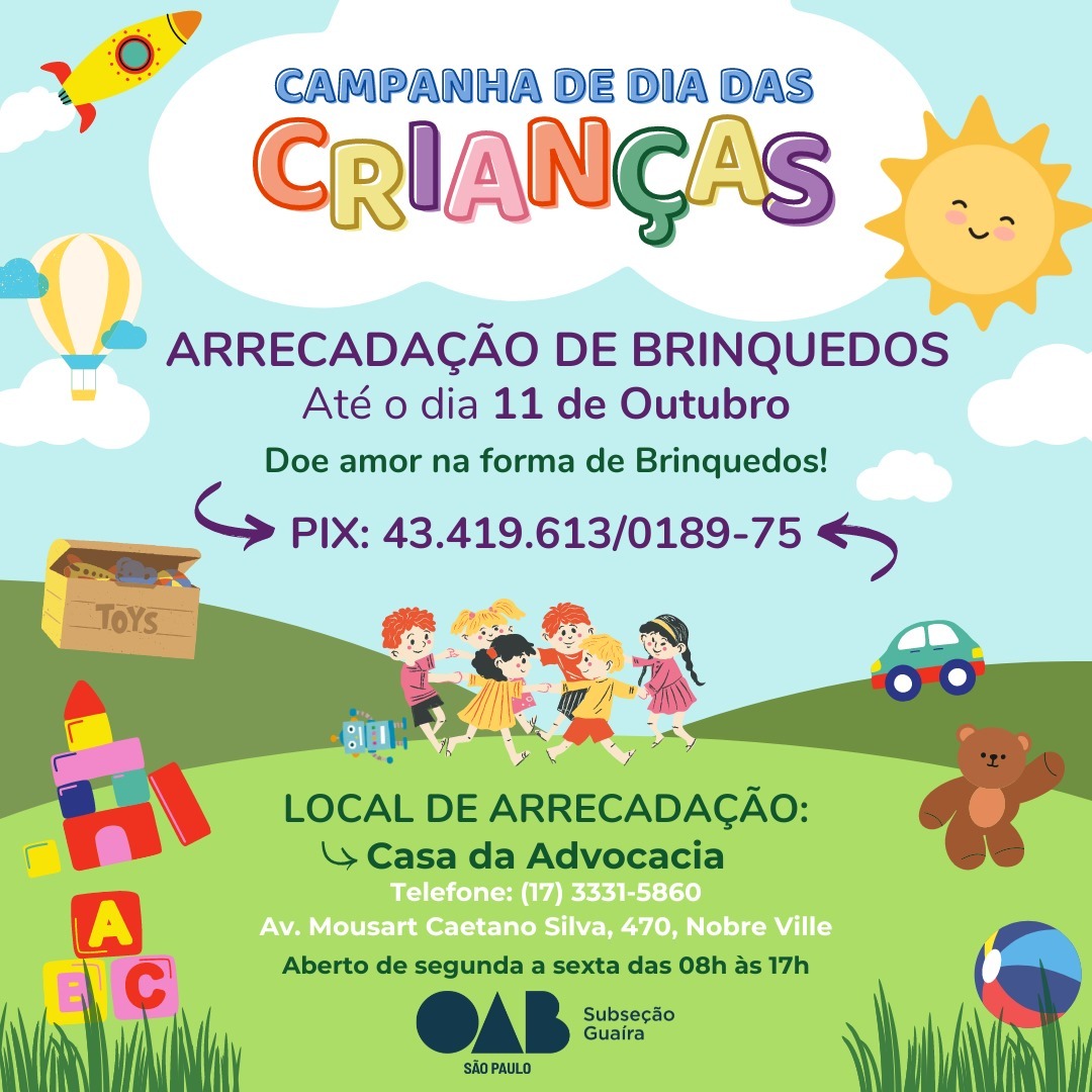 OAB GUAÍRA PROMOVE CAMPANHA DE ARRECADAÇÃO DE BRINQUEDOS PARA O DIA DAS CRIANÇAS