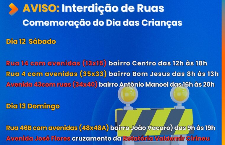 ATENÇÃO CONDUTORES DE VEÍCULOS: EM DECORRÊNCIA DAS COMEMORAÇÕES DO DIA DA CRIANÇA, PREFEITURA DE GUAÍRA INTERDITARÁ ALGUMAS RUAS NO FINAL DE SEMANA