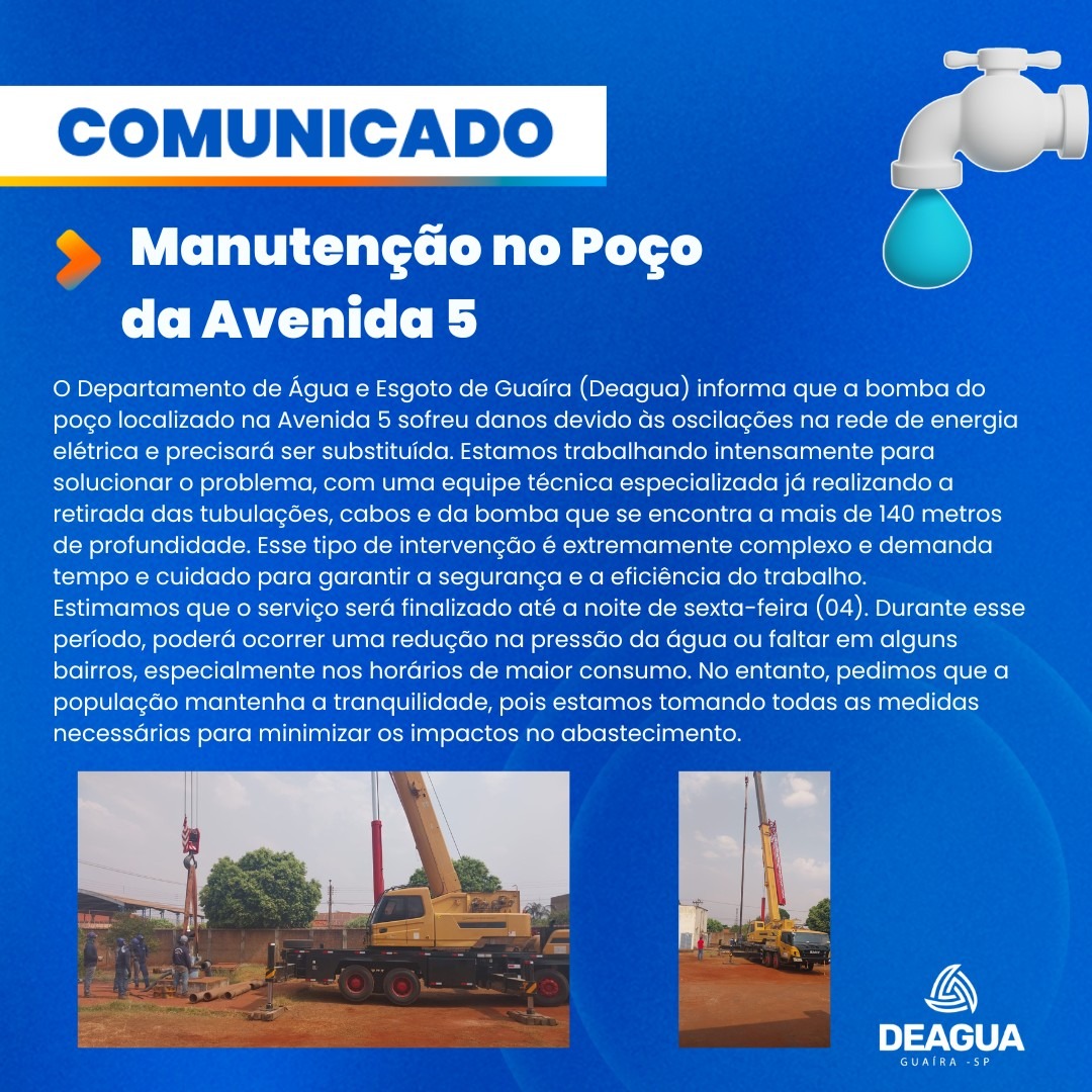 COM PROBLEMA EM BOMBA DE POÇO PROFUNDO, DEÁGUA ALERTA PARA RISCO DE DESABASTECIMENTO EM GUAÍRA