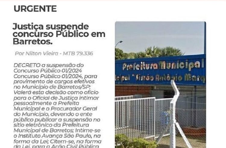 JUSTIÇA DETERMINA A SUSPENSÃO DO CONCURSO PÚBLICO DA PREFEITURA DE BARRETOS