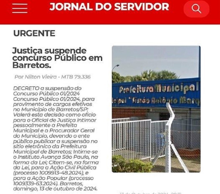 JUSTIÇA DETERMINA A SUSPENSÃO DO CONCURSO PÚBLICO DA PREFEITURA DE BARRETOS