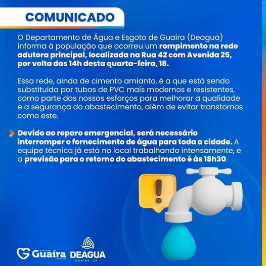 ROMPIMENTO DE ADUTORA CAUSA DESABASTECIMENTO DE ÁGUA EM GUAÍRA