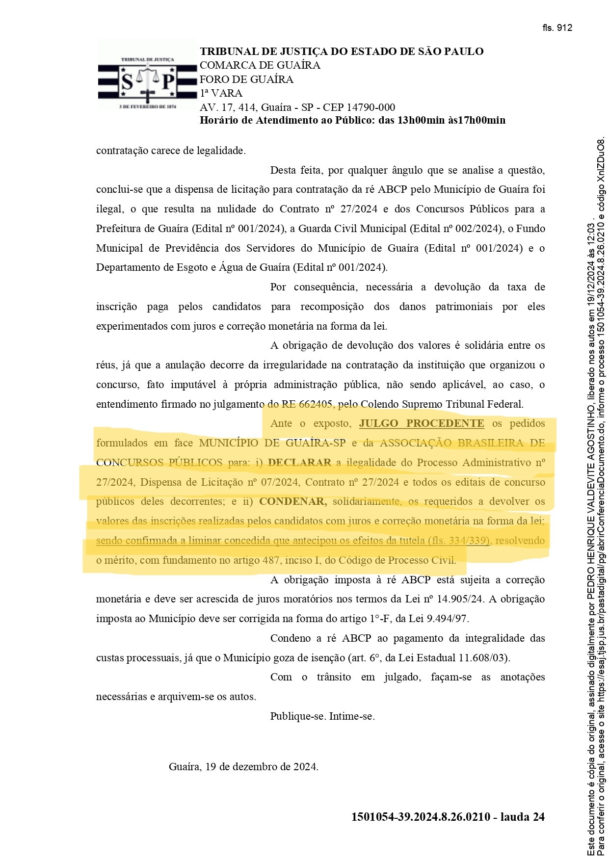 JUSTIÇA CANCELA CONCURSO PÚBLICO DA PREFEITURA DE GUAÍRA E DETERMINA DEVOLUÇÃO DE DINHEIRO A CANDIDATOS