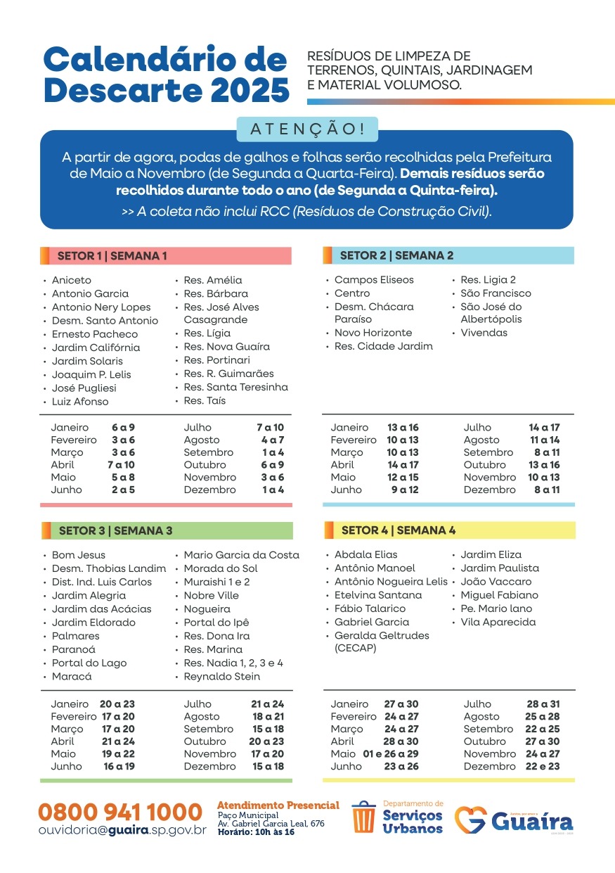 PREFEITURA DE GUAÍRA MUDA SISTEMA DE COLETA DE DETRITOS NO MUNICÍPIO E ANUNCIA NOVO CALENDÁRIO DE COLETA