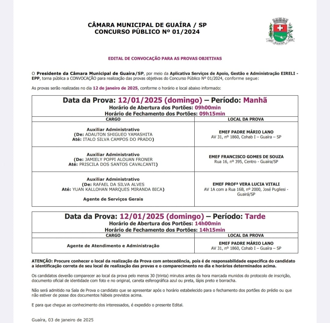 CONCURSO PÚBLICO DA CÂMARA MUNICIPAL DE GUAÍRA ACONTECERÁ NO PRÓXIMO DIA 12 DE JANEIRO