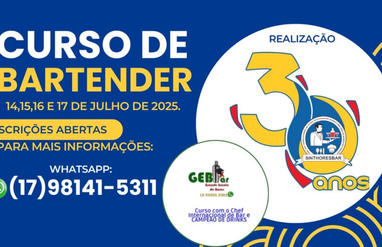 OPORTUNIDADE: SINTHORESBAR PROMOVE CURSO DE BARTENDER NA CIDADE DE BARRETOS
