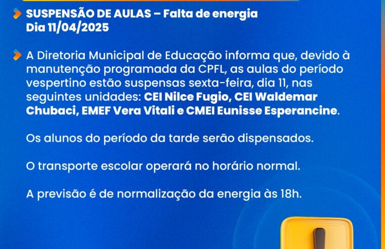 ATENÇÃO PAIS: DEVIDO A FALTA DE ENERGIA, AULAS SERÃO SUSPENSAS NAS UNIDADES DA REGIÃO DO BAIRRO ANICETO EM GUAÍRA
