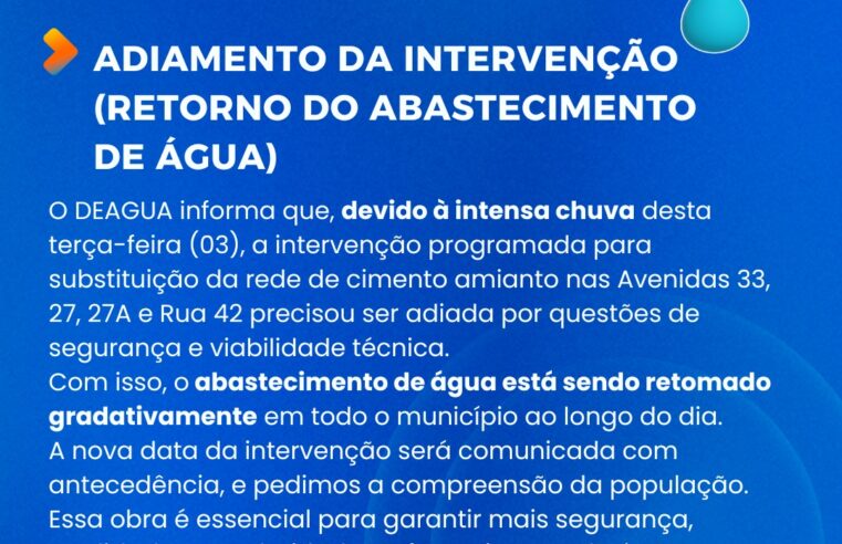 DEÁGUA ADIA INTERRUPÇÃO E RETOMA ABASTECIMENTO DE ÁGUA EM GUAÍRA