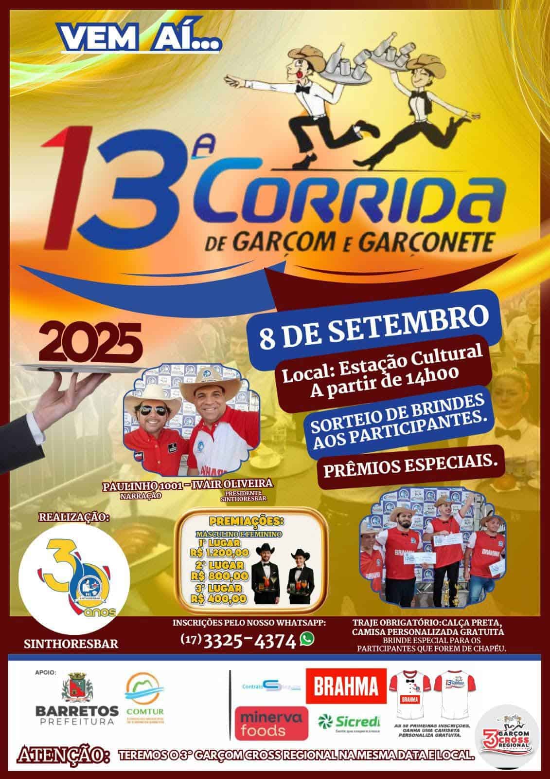 ACONTECE EM 8 DE SETEMBRO, EM BARRETOS, A 13ª CORRIDA DE GARÇOM E GARÇONETE E O 3º GARÇOM CROSS REGIONAL