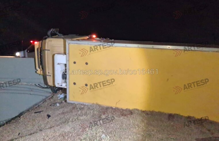 CAMINHÃO COM 3,5 TONELADAS DE FRANGO TOMBA NA RODOVIA ANHANGUERA EM ITUVERAVA