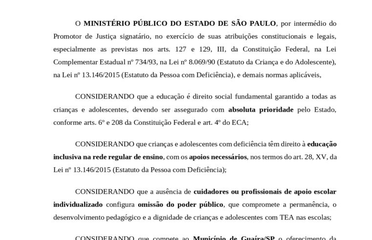 MP RECOMENDA QUE PREFEITURA DE GUAÍRA GARANTA CUIDADORES A ALUNOS COM AUTISMO E DEFICIÊNCIA