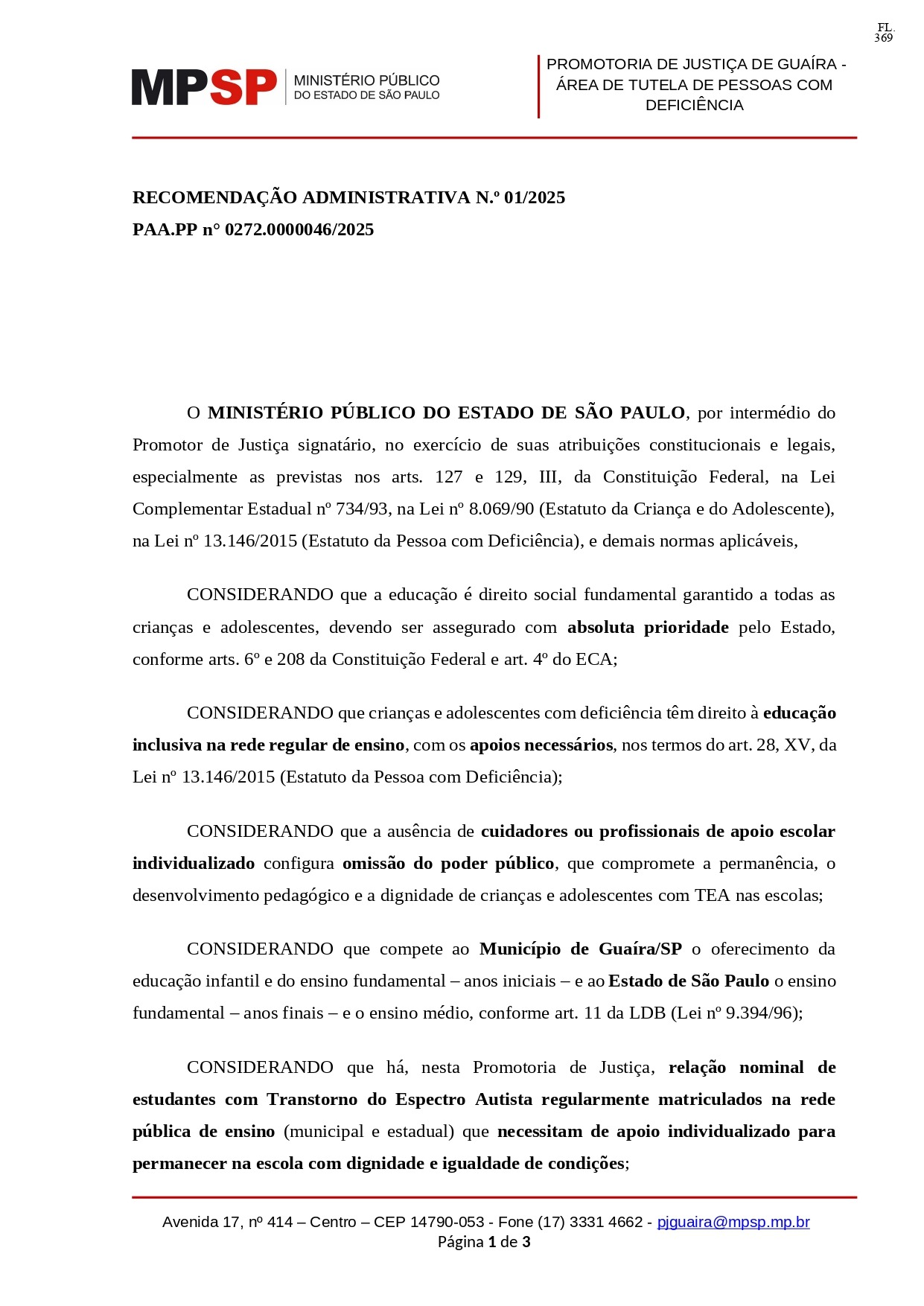 MP RECOMENDA QUE PREFEITURA DE GUAÍRA GARANTA CUIDADORES A ALUNOS COM AUTISMO E DEFICIÊNCIA