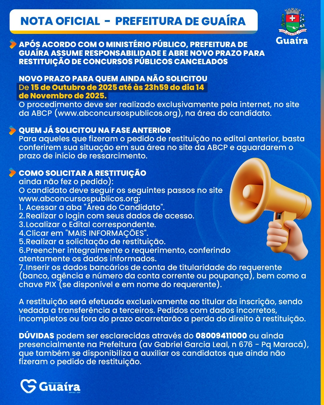 PREFEITURA DE GUAÍRA ASSUME RESPONSABILIADE POR DEVOLUÇÃO DO DINHEIRO AOS CANDIDADOS INSCRITOS NOS CONCURSOS DE 2024 CANCELADOS PELA JUSTIÇA
