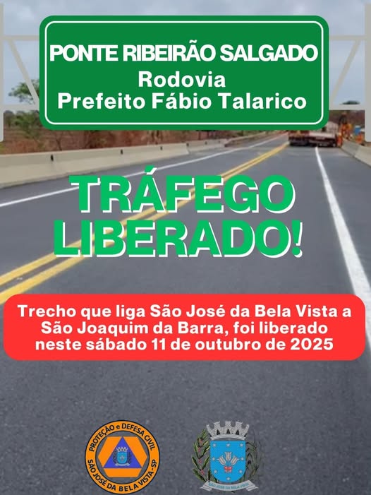 TRÁFEGO LIBERADO NA RODOVIA FÁBIO TALARICO NO TRECHO SOBRE O RIBEIRÃO SALGADO SENTIDO FRANCA