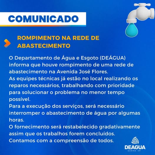 ROMPIMENTO DE ADUTORA CAUSA DESABASTECIMENTO DE ÁGUA EM GUAÍRA