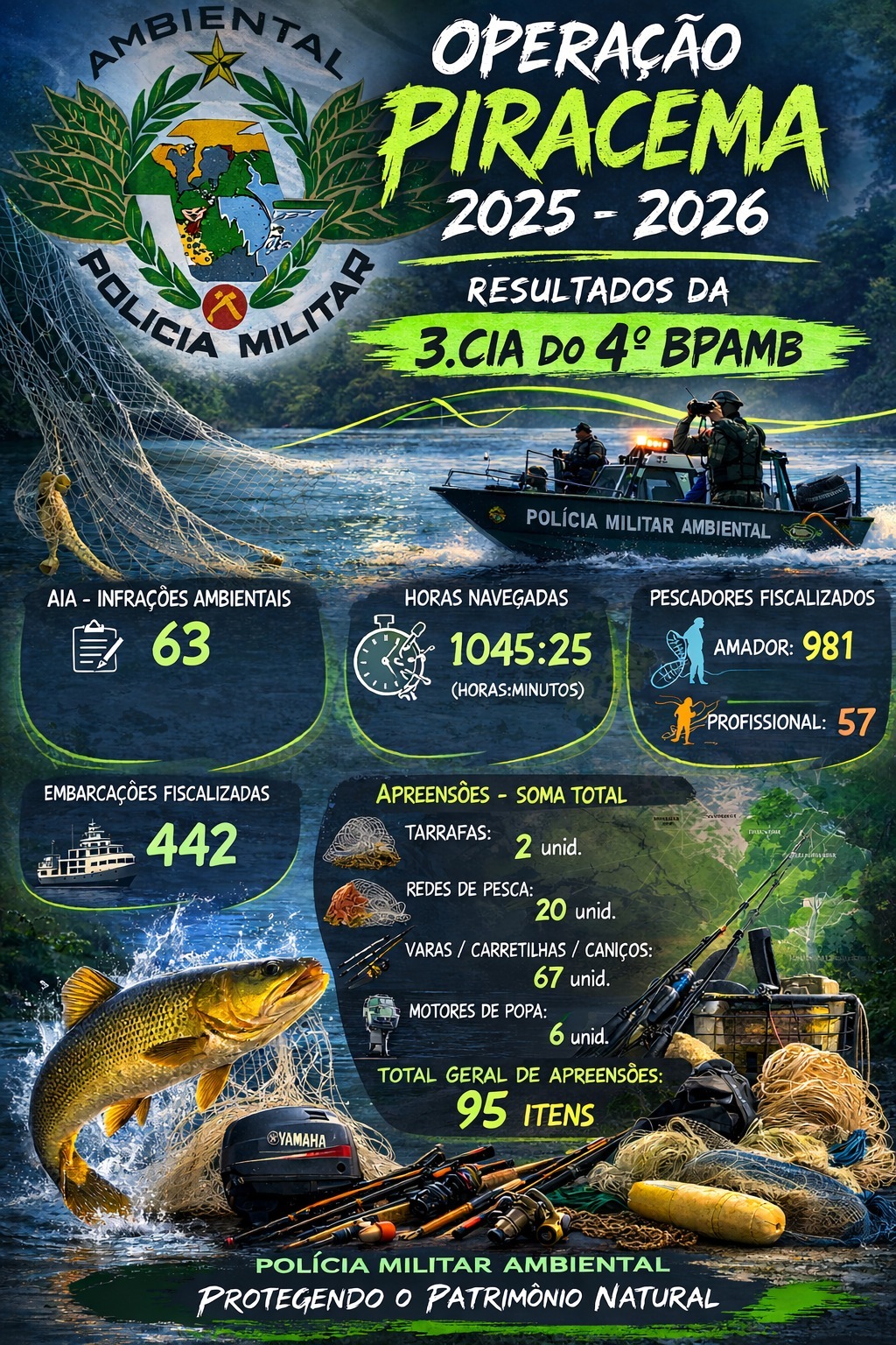POLÍCIA AMBIENTAL DIVULGA BALANÇO DA OPERAÇÃO PIRACEMA 2025/2026. FORAM MAIS DE R$ 117 MIL EM AUTUAÇÕES A INFRATORES