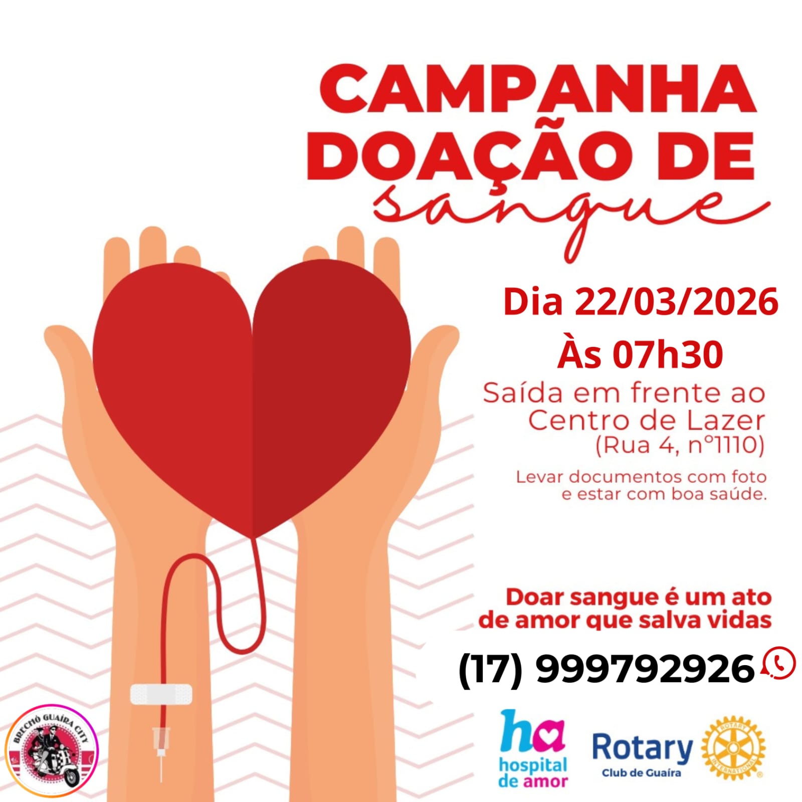 NESTE DOMINGO, 22, TEM CARAVANA DO ROTARY DE GUAÍRA PARA LEVAR DOADORES DE SANGUE AO HOSPITAL DE AMOR DE BARRETOS