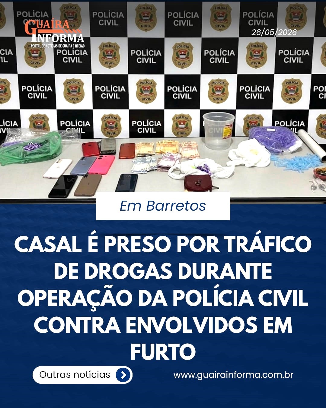 CASAL É PRESO POR TRÁFICO DE DROGAS DURANTE OPERAÇÃO DA POLÍCIA CIVIL CONTRA ENVOLVIDOS EM FURTO EM BARRETOS