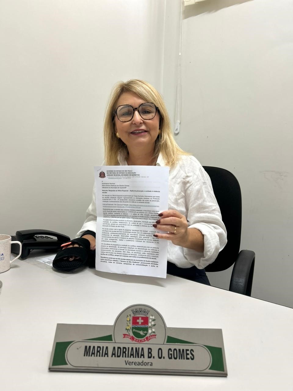 DIRETORIA REGIONAL DE ENSINO RESPONDE OFÍCIO DA VEREADORA MARIA ADRIANA SOBRE COMBATE À VIOLÊNCIA ESCOLAR EM GUAÍRA
