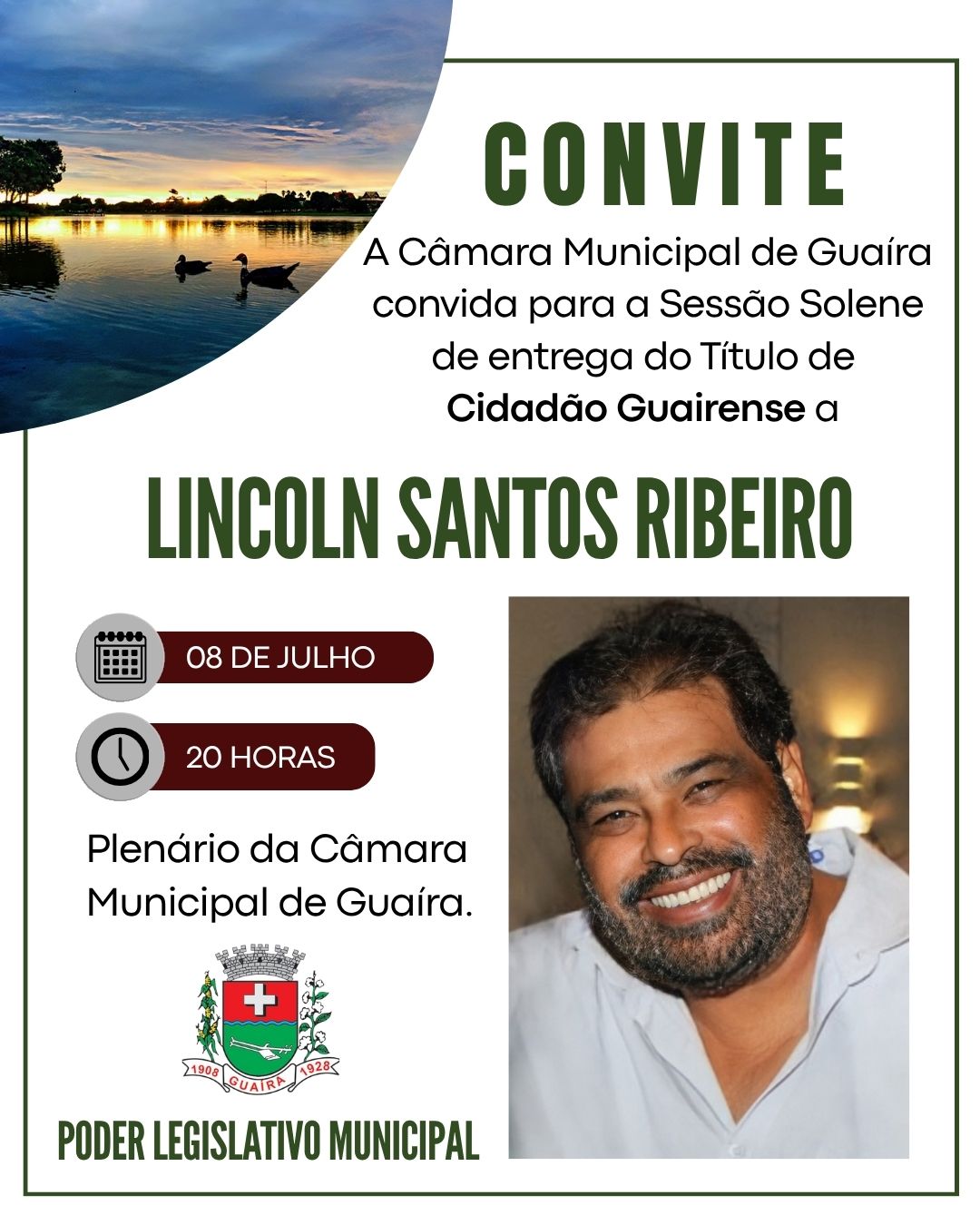 ARQUITETO LINCOLN SANTOS RIBEIRO RECEBERÁ NO DIA 8 DE JULHO, EM SESSÃO SOLENE NA CÂMARA MUNICIPAL O TÍTULO DE CIDADÃO GUAIRENSE