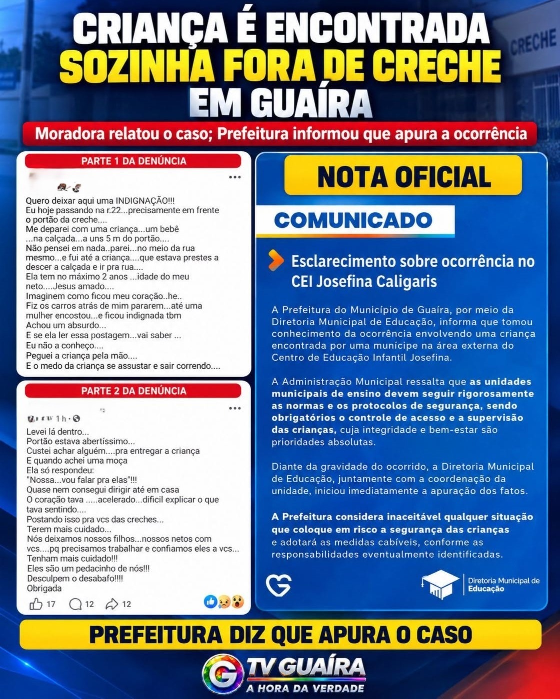 CRIANÇA É ENCONTRADA DO LADO DE FORA DE CRECHE EM GUAÍRA. PREFEITURA DIZ QUE IRÁ APURAR O CASO